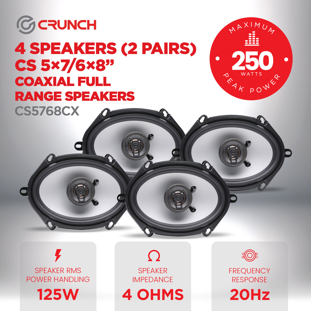 Crunch 250W Full Range 2 Way Coaxial Car Audio 5x7 by 6x8" Speaker Pair, 2 Pack