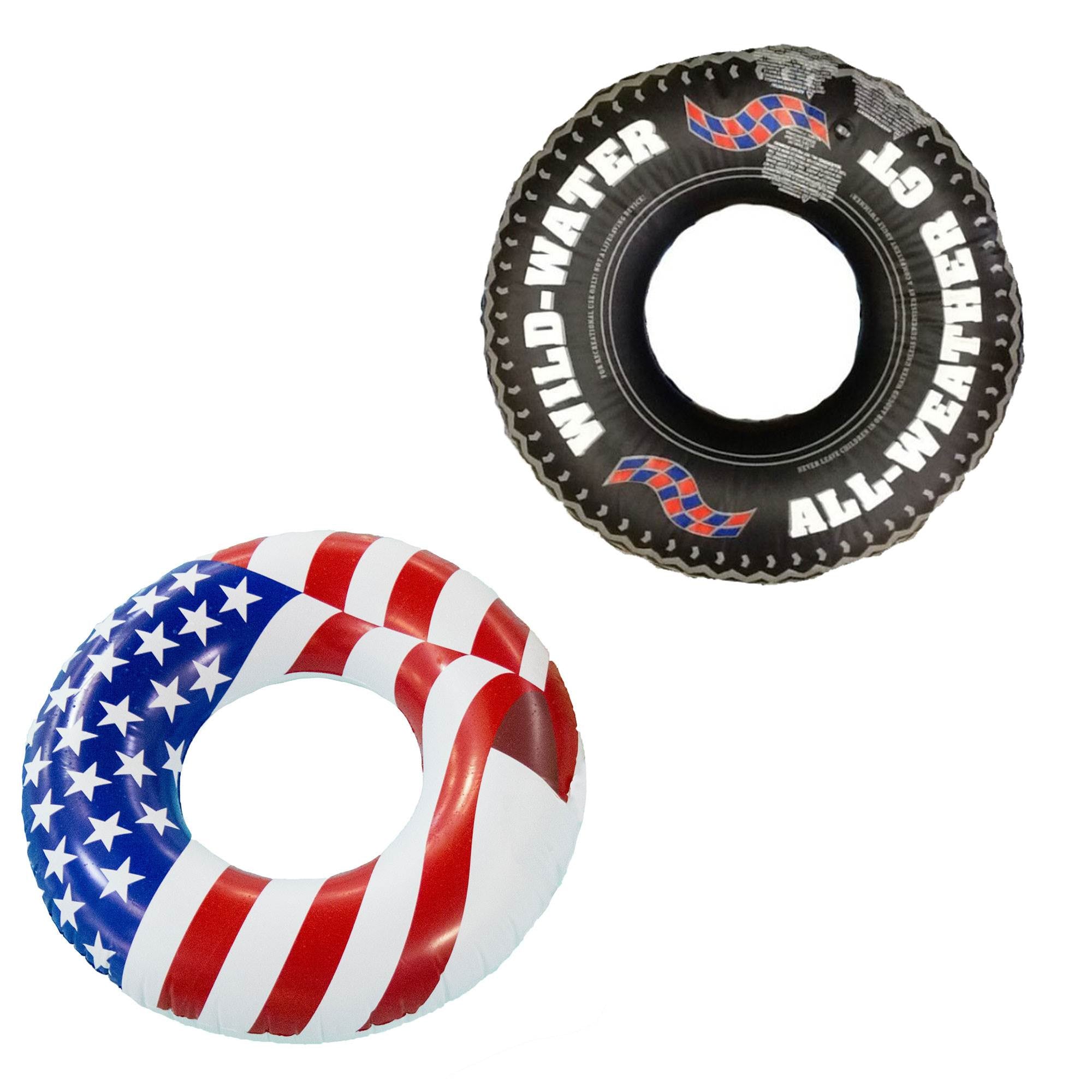 Swimline 36" Inflatable American Flag Swimming Pool Tube + Tire Tube Float Set