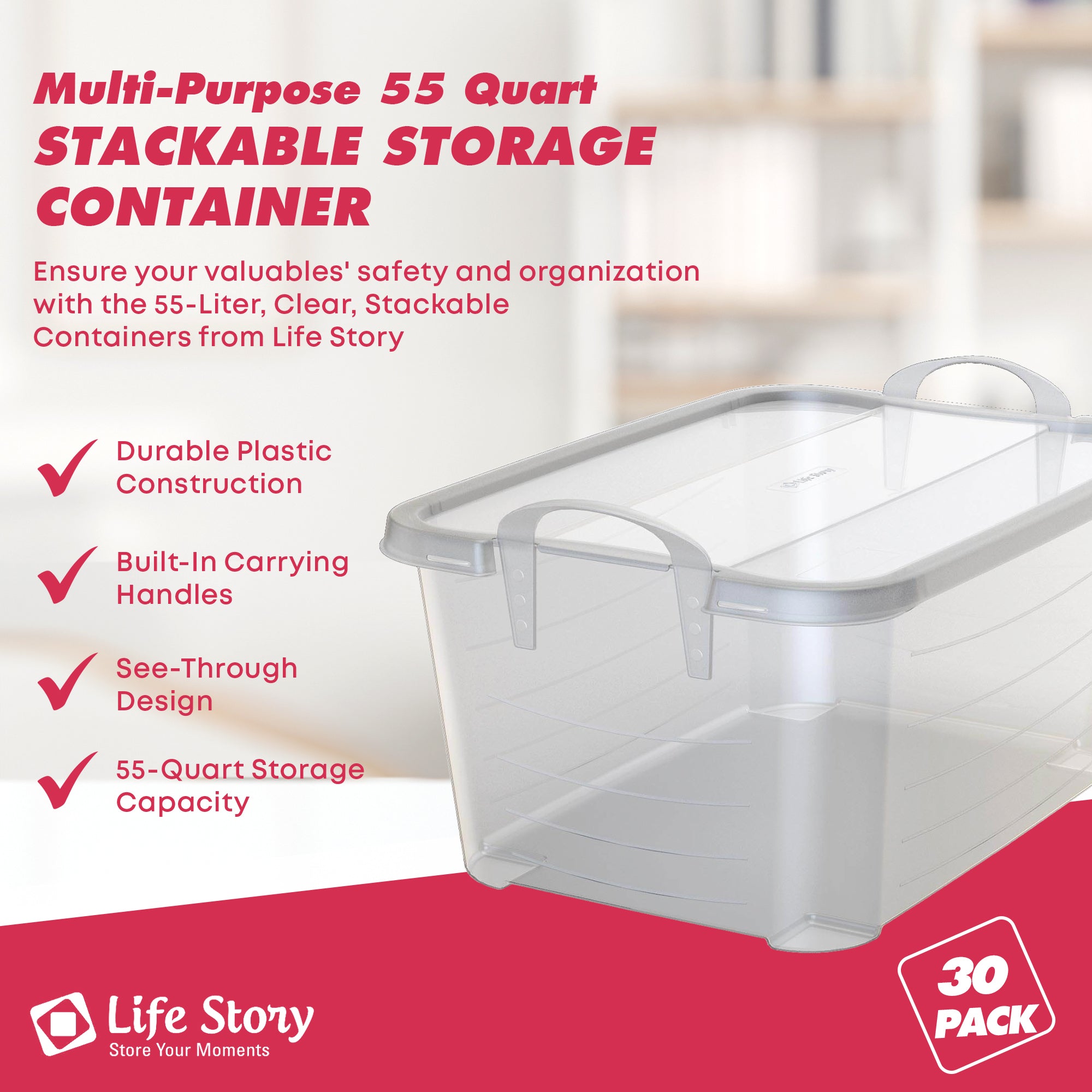Life Story Clear Stackable Closet Organization & Storage Box, 55 Quart (30 Pack)