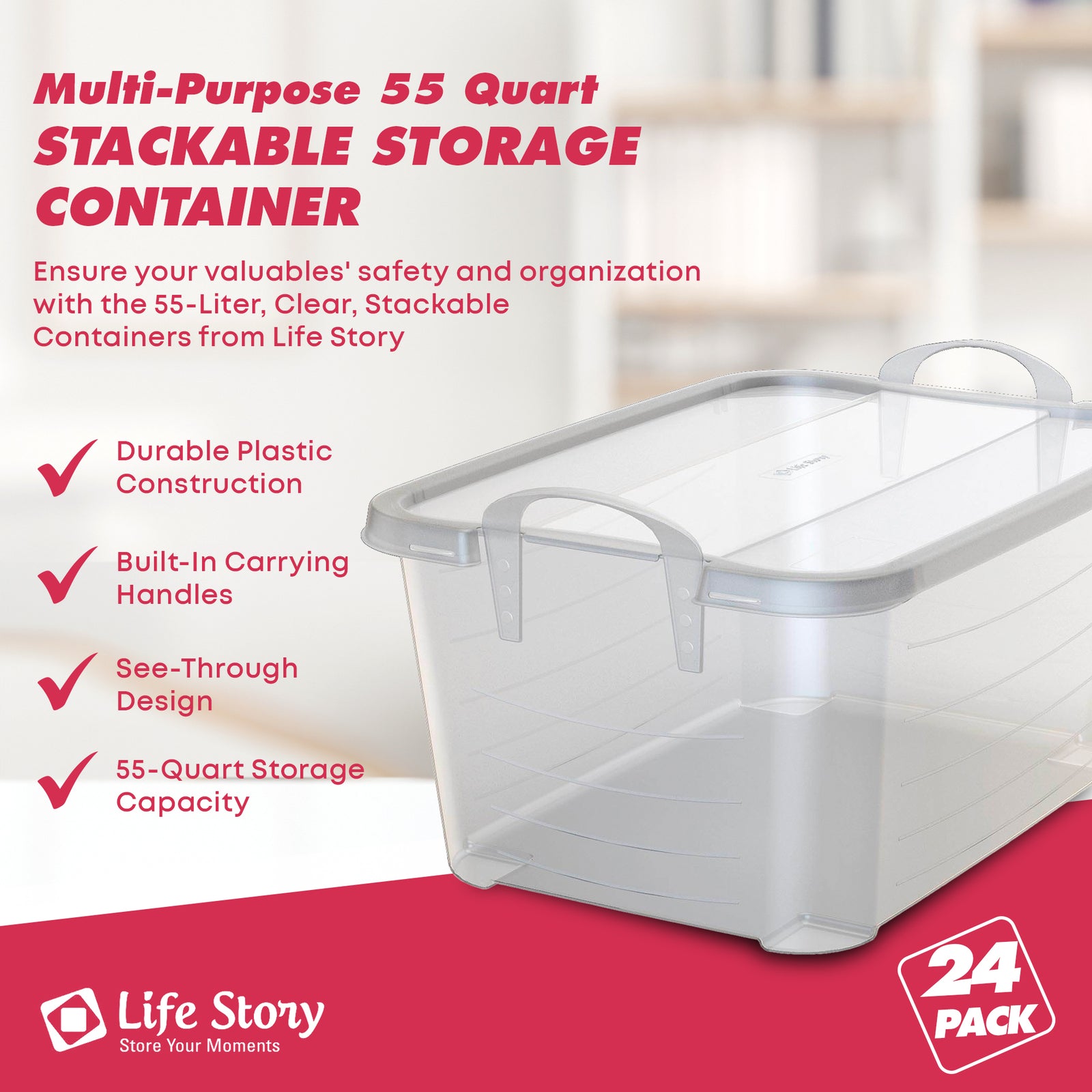 Life Story Clear Stackable Closet Organization & Storage Box, 55 Quart (24 Pack) - VMInnovations