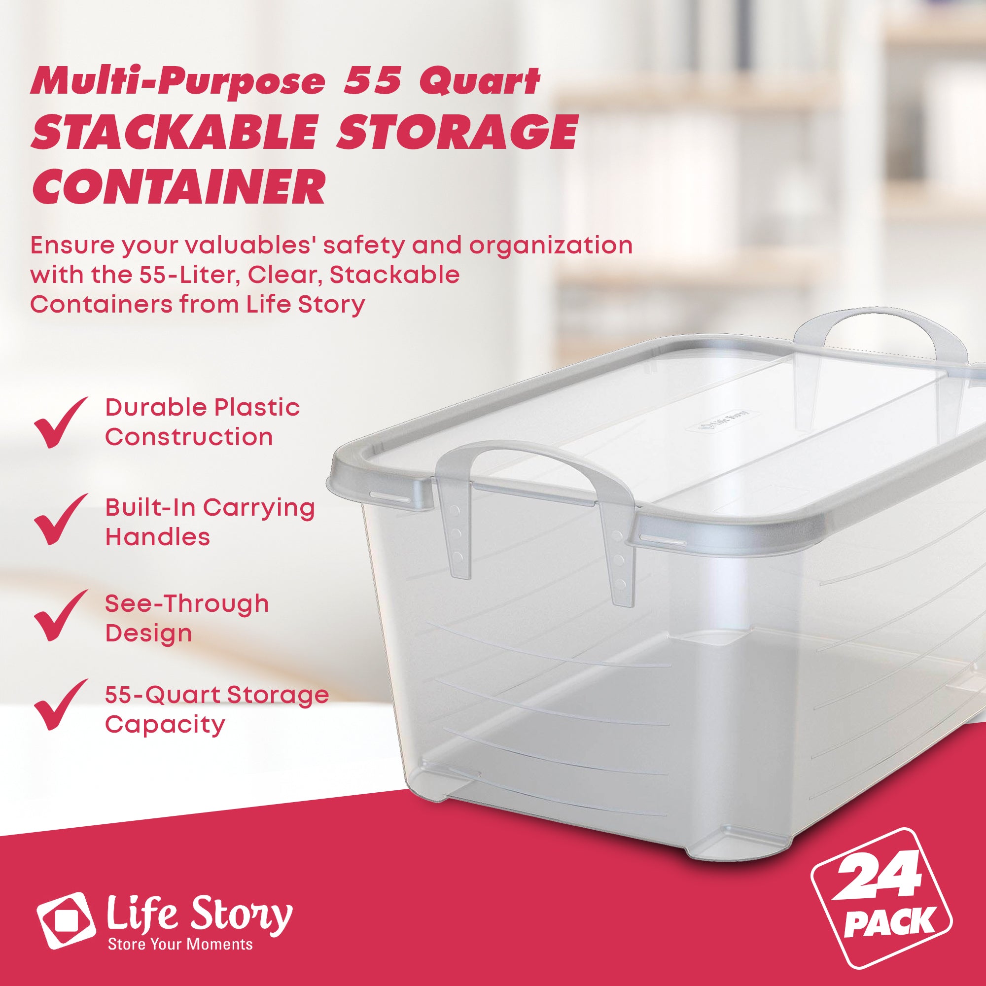 Life Story Clear Stackable Closet Organization & Storage Box, 55 Quart (24 Pack) - VMInnovations