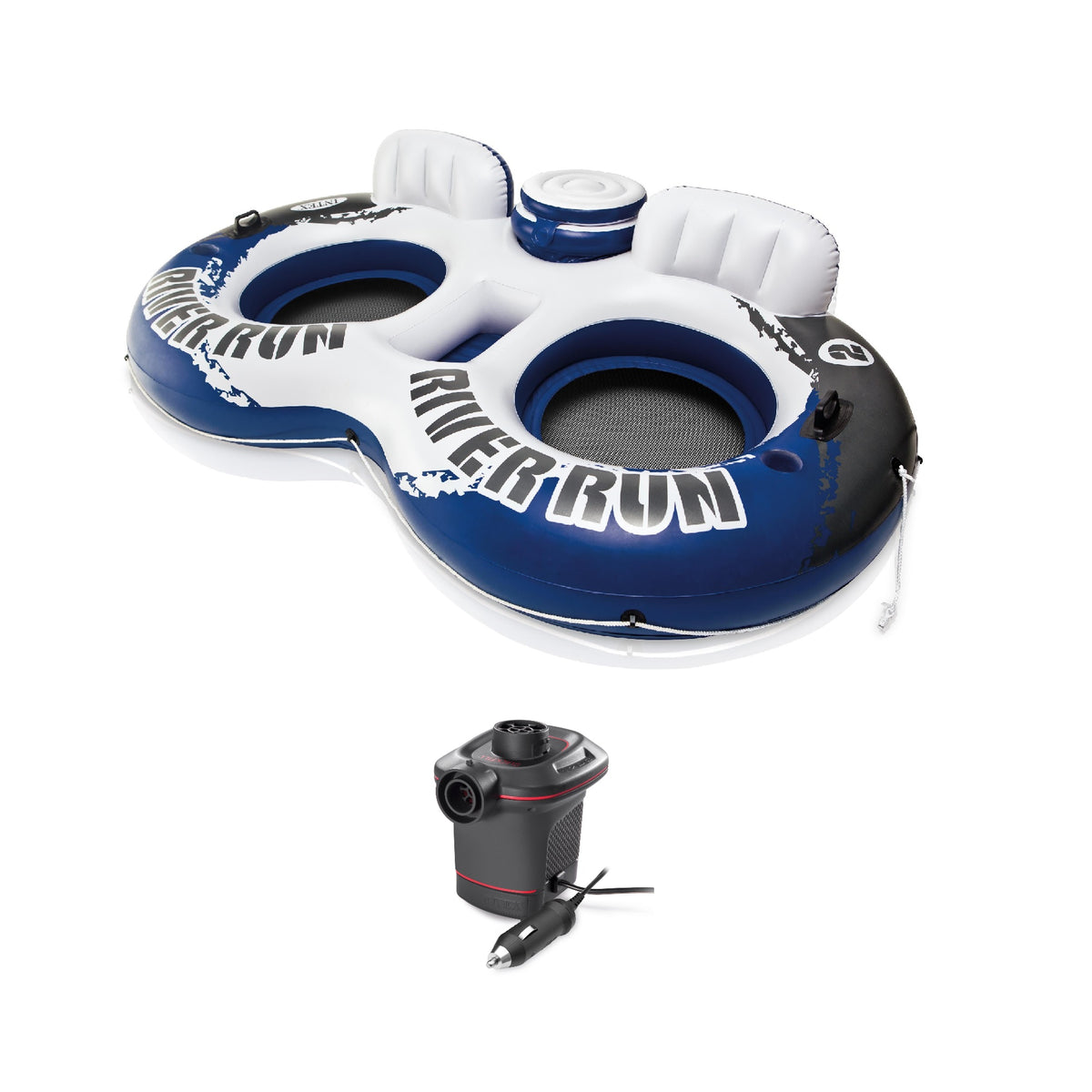 Intex Inflatable 2 Person Tube with Cooler & Repair Kit & 12 V Electric Air Pump