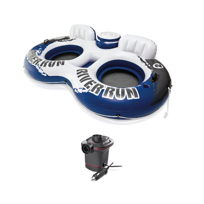 Intex Inflatable 2 Person Tube with Cooler & Repair Kit & 12 V Electric Air Pump