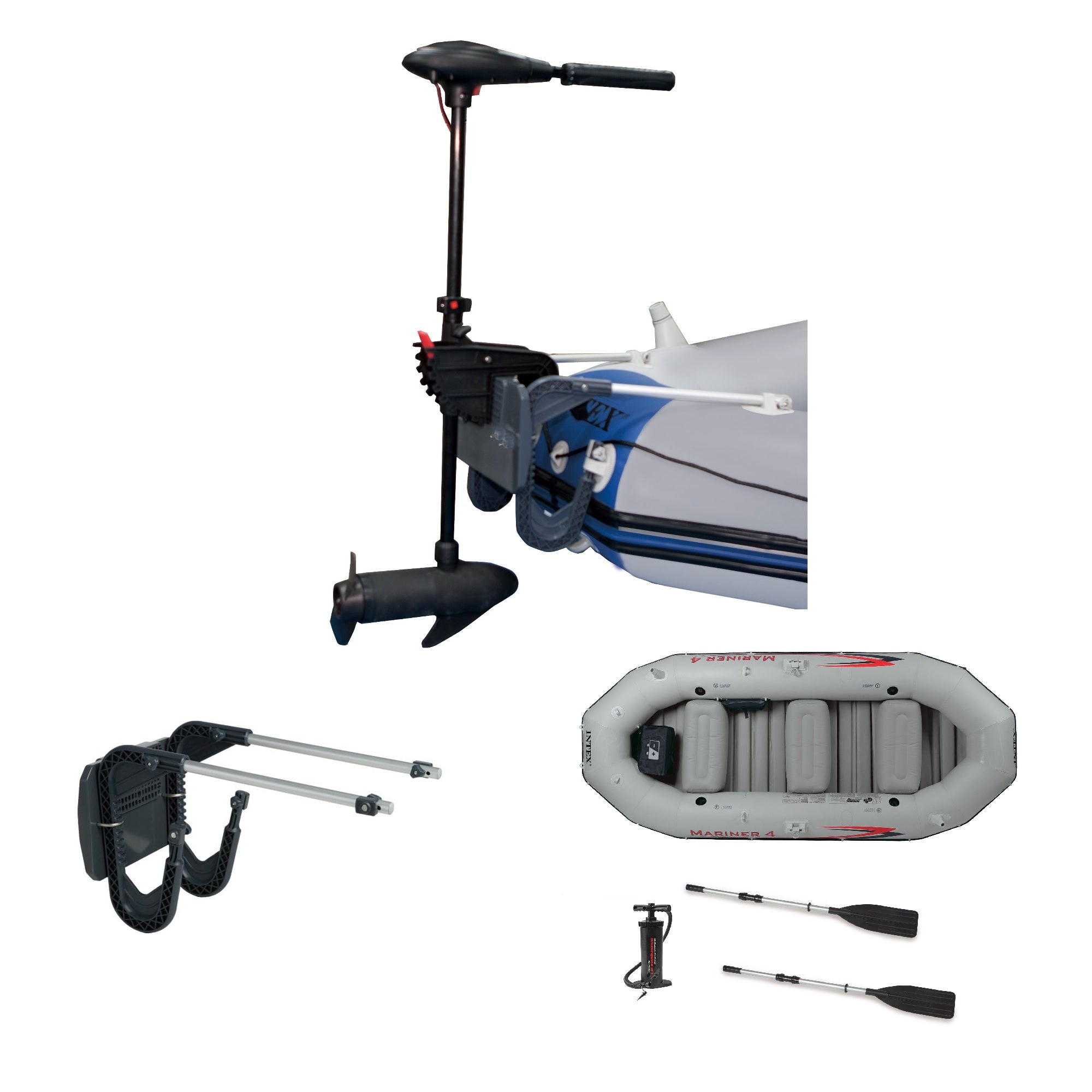 INTEX 12 Volt 8 Speed Trolling Motor, Mount Kit and Mariner 4-Person Boat Set - VMInnovations
