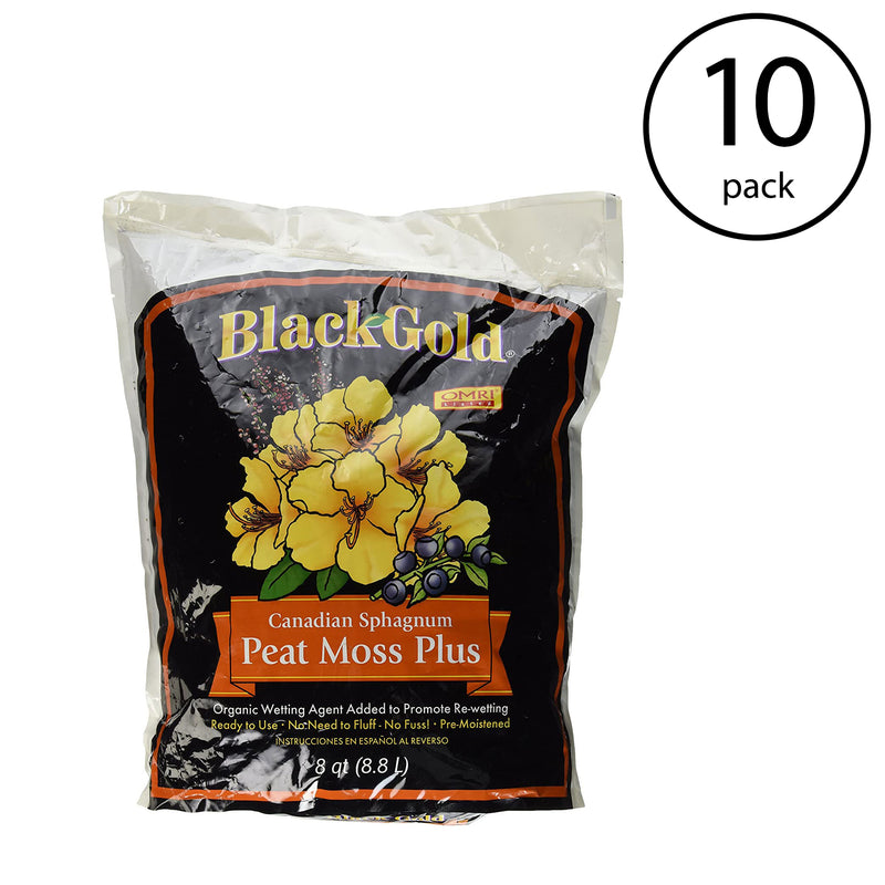 SunGro Black Gold Natural Canadian Sphagnum Peat Moss Plus, 8 Qt Bag (10 Pack)