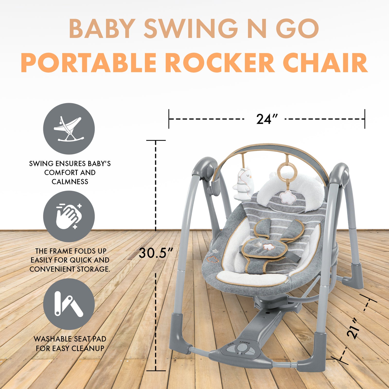 Ingenuity Boutique Collection Baby Swing N Go Portable Rocker Chair, Bella Teddy - VMInnovations
