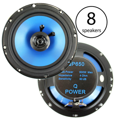 Q POWER 6.5" 300 Watt 2-Way Blue Car Audio Stereo Coaxial Speakers (8 Speakers)
