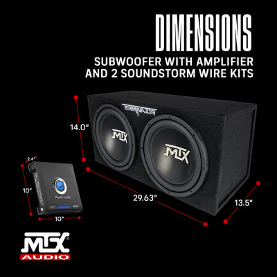 MTX 12" Dual Subwoofer Enclosure, Planet Audio Amplifier, 2 Soundstorm Wire Kits - VMInnovations