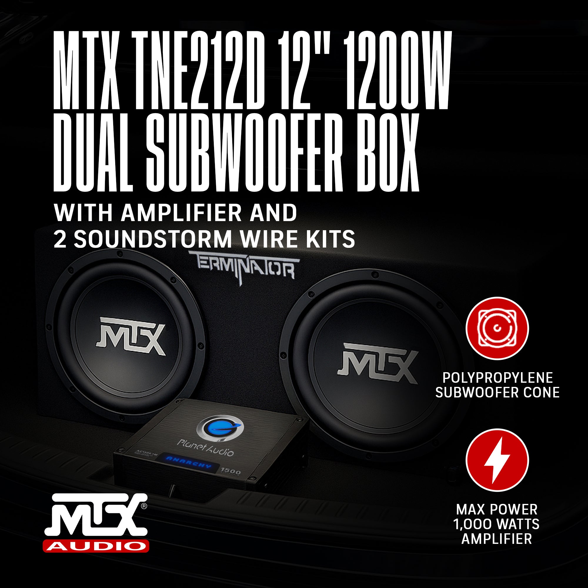 MTX 12" Dual Subwoofer Enclosure, Planet Audio Amplifier, 2 Soundstorm Wire Kits - VMInnovations