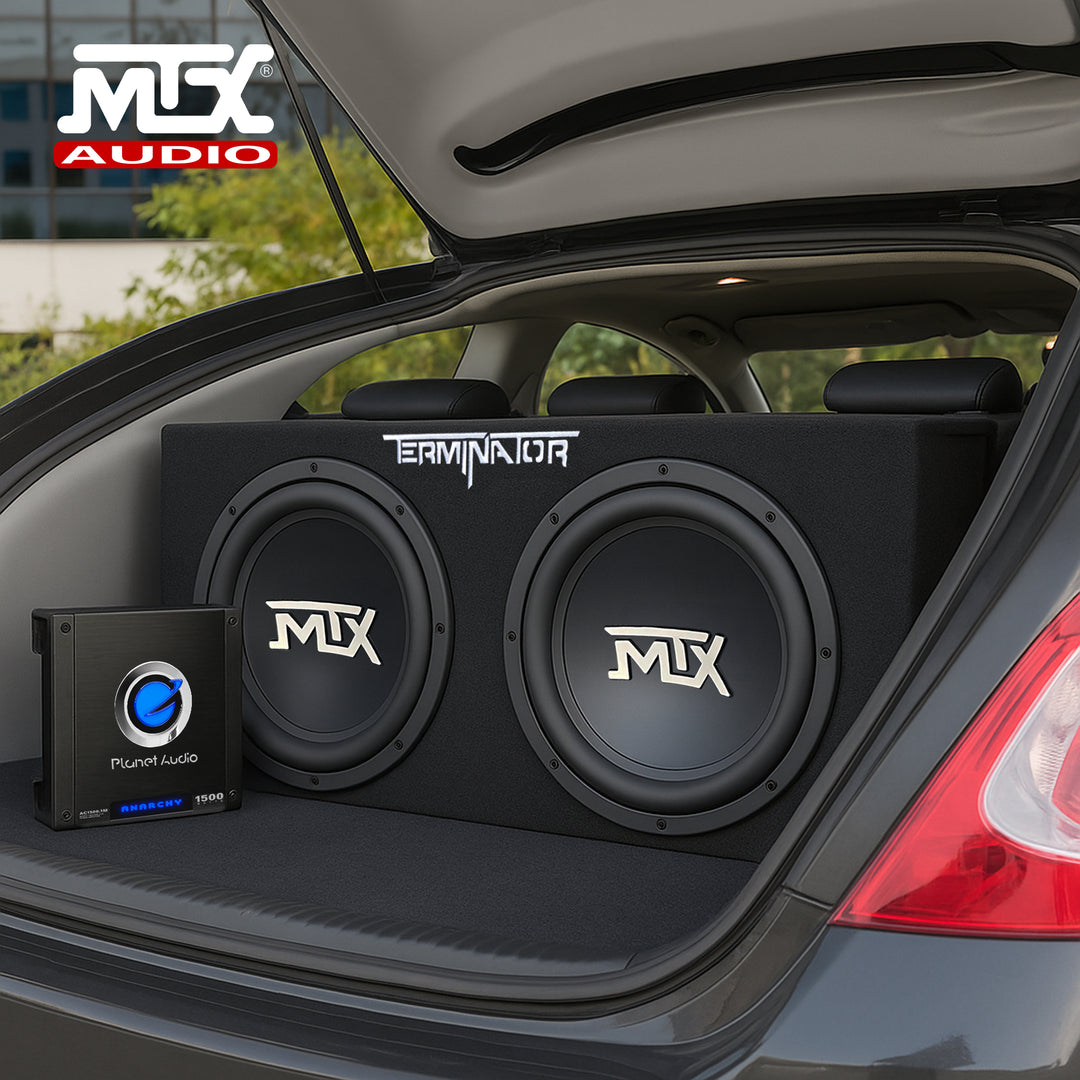 MTX 12" Dual Subwoofer Enclosure, Planet Audio Amplifier, 2 Soundstorm Wire Kits