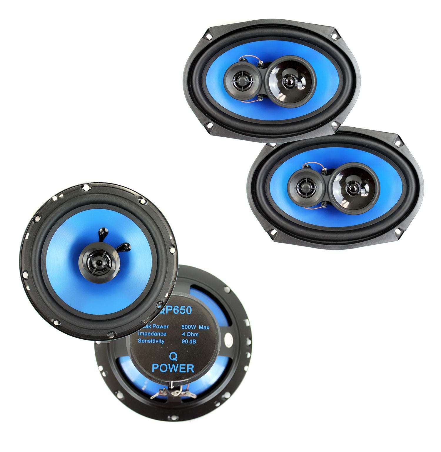 Q Power 6x9-Inch 500W 3-Way Speakers (2) + 6.5" 300W 2-Way Car Speakers (2)