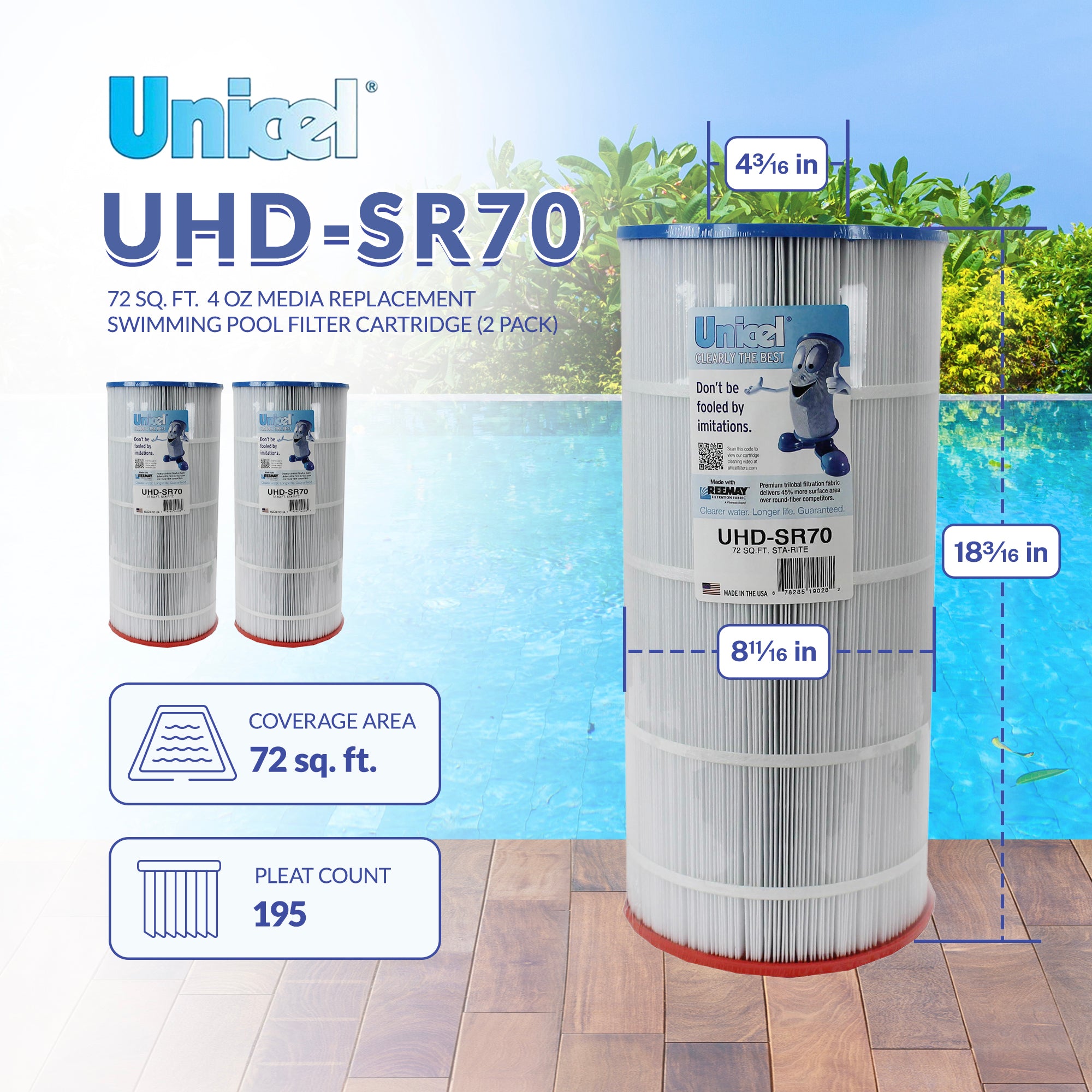 Unicel UHD-SR70 72 Sq Ft 4 Oz Media Pool Filter Cartridge, 195 Pleats (2 Pack) - VMInnovations