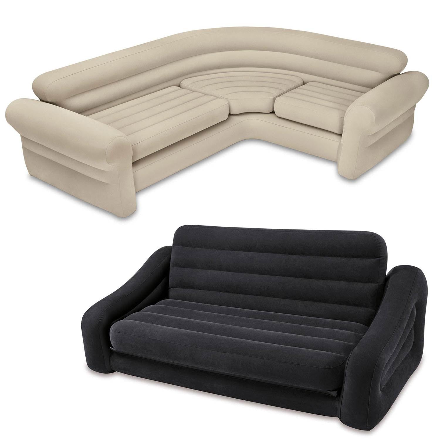 Intex Inflatable Corner Sectional Tan Sofa and Queen Size Pull-Out Futon, Gray