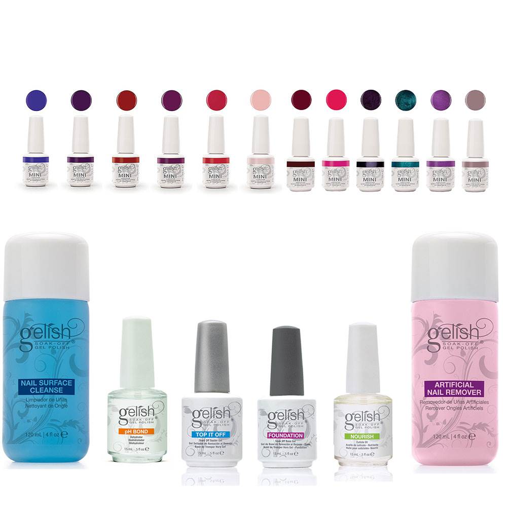Gelish Basix Care Kit w/ Remover & Cleanser + 2 Mini Soak Off Gel Polish Sets