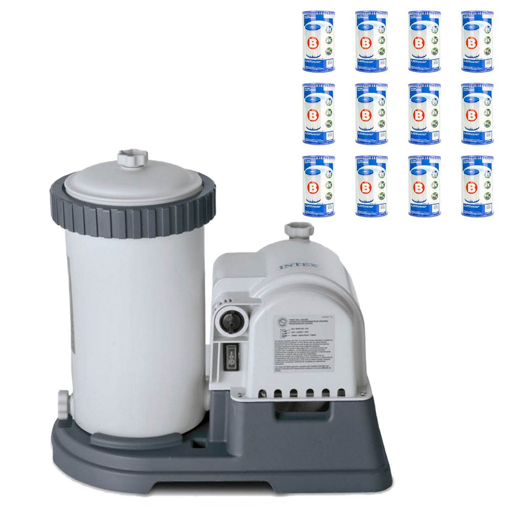 Intex Krystal Clear 28633EG Pool Pump + Type B Replacement Cartridge (12 Pack) - VMInnovations