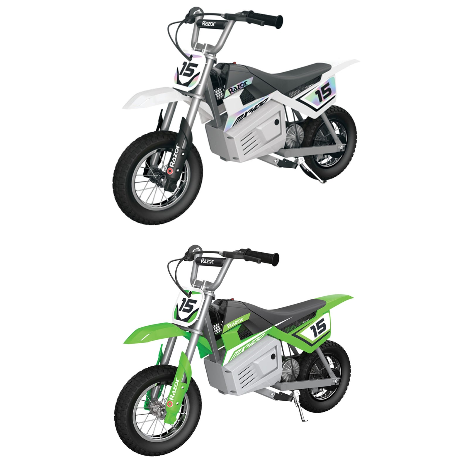 Razor MX400 Dirt Rocket Electric Motocross Motorcycle Bikes, 1 White & 1 Green - VMInnovations