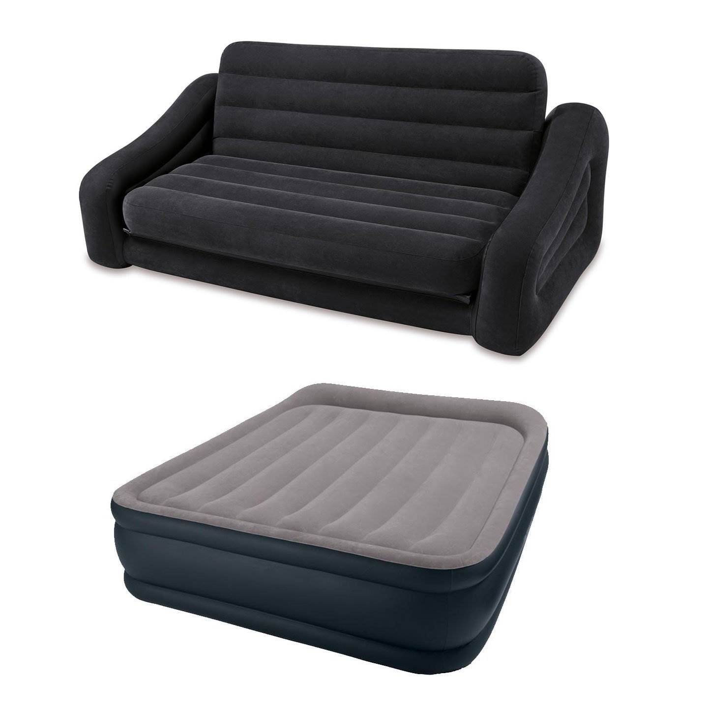 Intex Inflatable Queen Size Pull-Out Futon Sofa Couch Bed + Deluxe Queen Air Bed