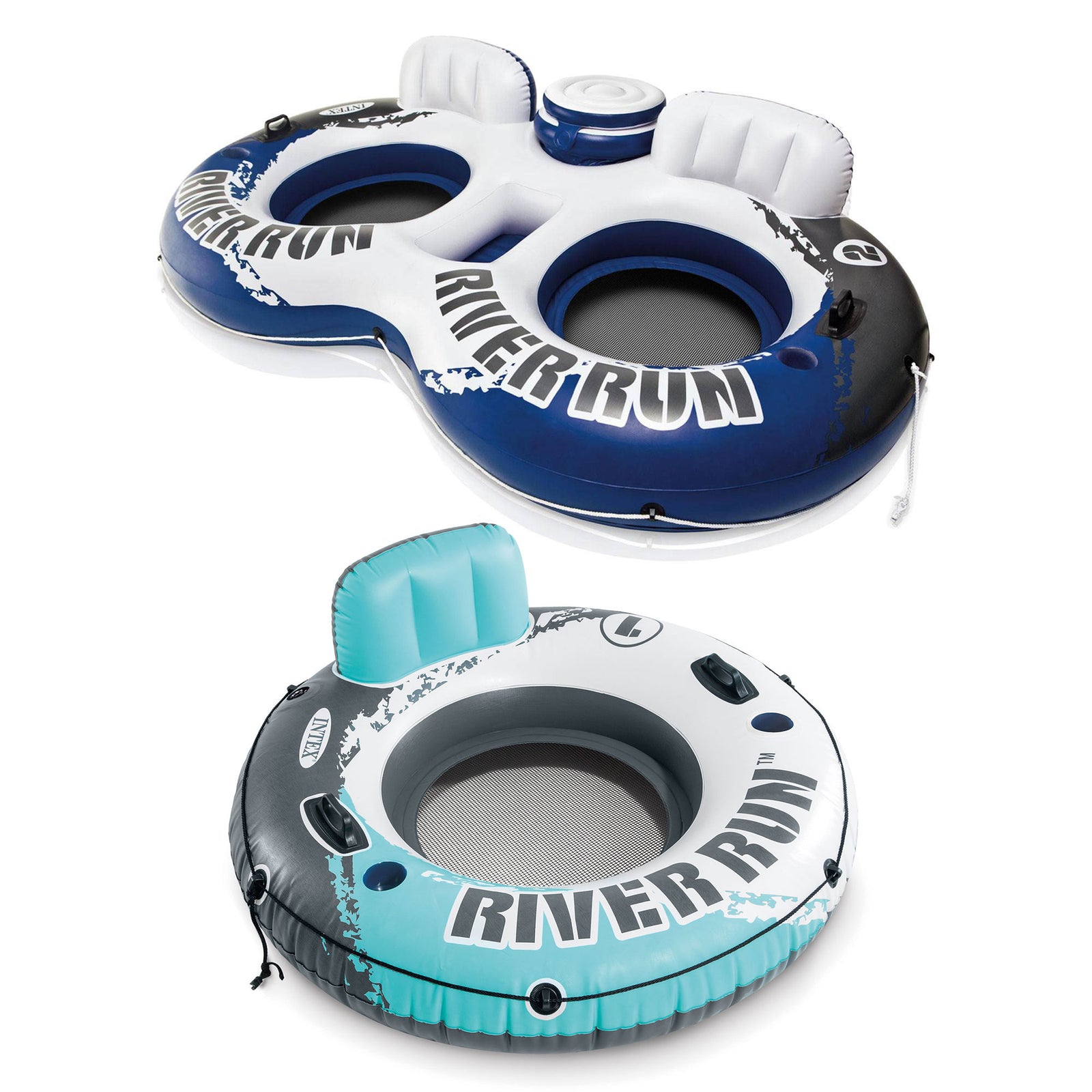 Intex River Run Inflatable 2 Rider River Float w/ Cooler + River Run Single Tube - VMInnovations