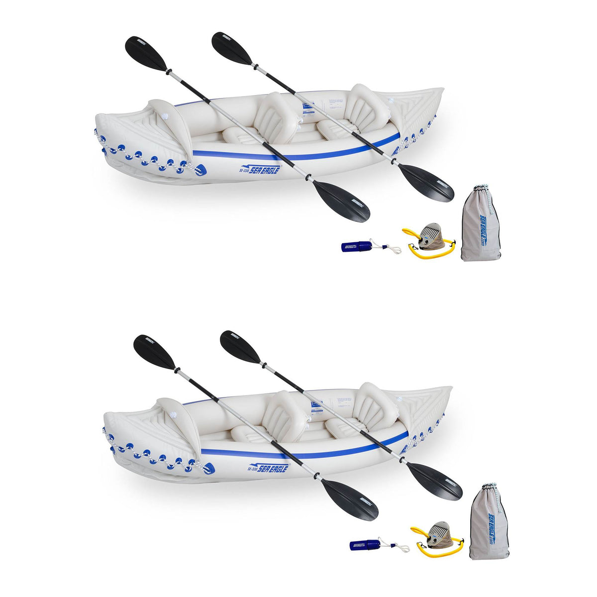 Sea Eagle 330 Deluxe 2 Person Inflatable Sport Kayak Boat & Pump/Oars (2 Pack)