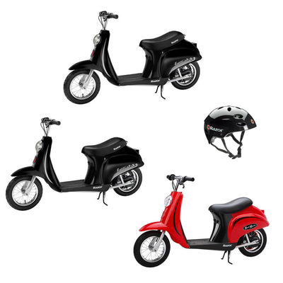 Razor Pocket Mod Miniature Electric Retro Scooters, 1 Red & 2 Black + 1 Helmet