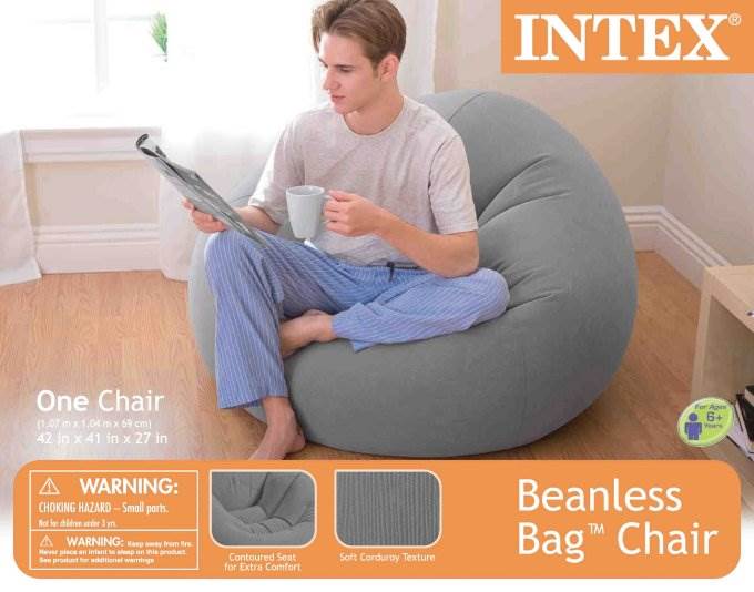 INTEX Inflatable Lounge Beanless Lounger Bag Chair - Grey (Open Box)