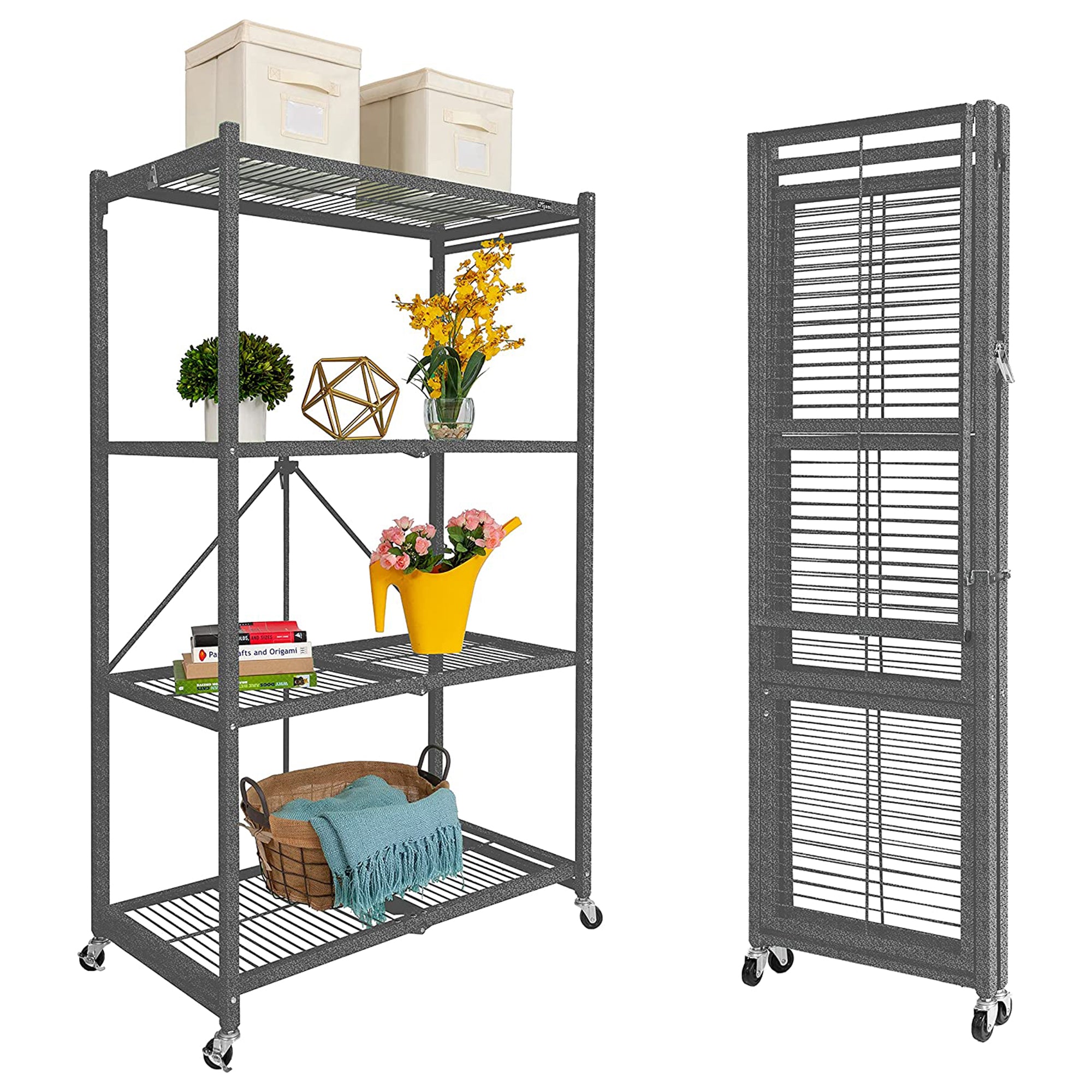 Origami 4 Tier Multipurpose Folding Storage Organizing Rack with Wheels (2 Pack) - VMInnovations