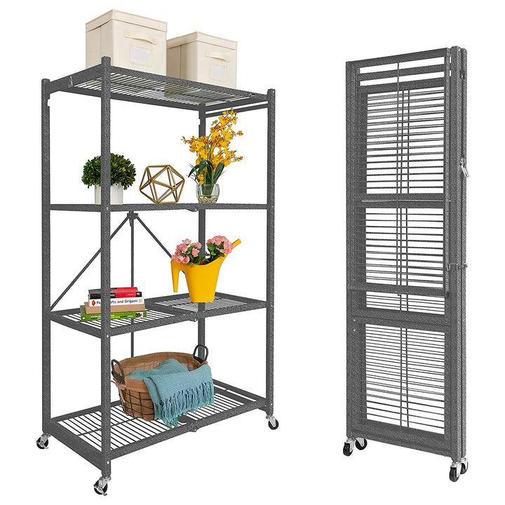 Origami 4 Tier Multipurpose Folding Storage Organizing Rack with Wheels (2 Pack)