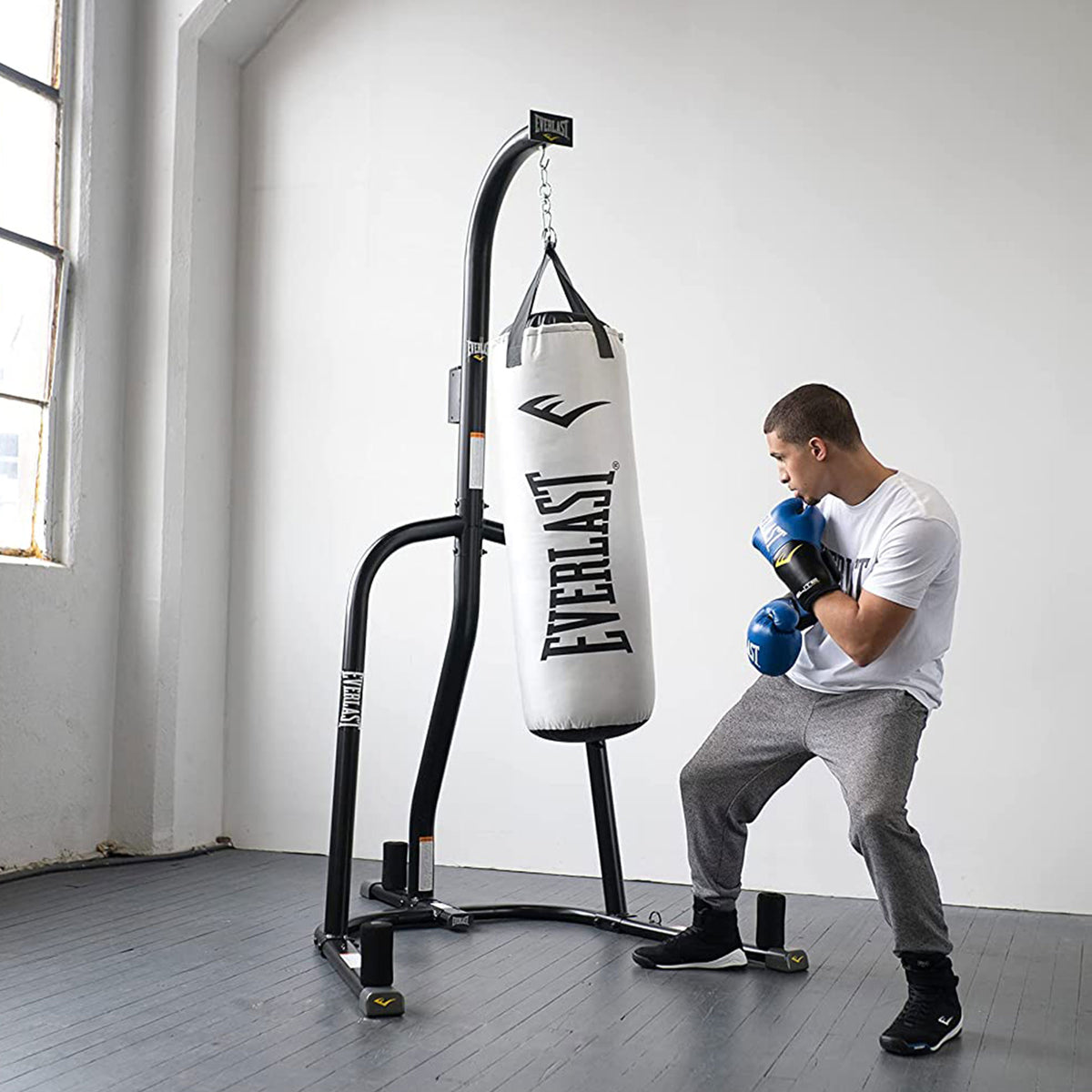 Everlast Dual Punching Bag Stand, Nevatear 60 Lb Heavy Bag, and Pro Style Gloves
