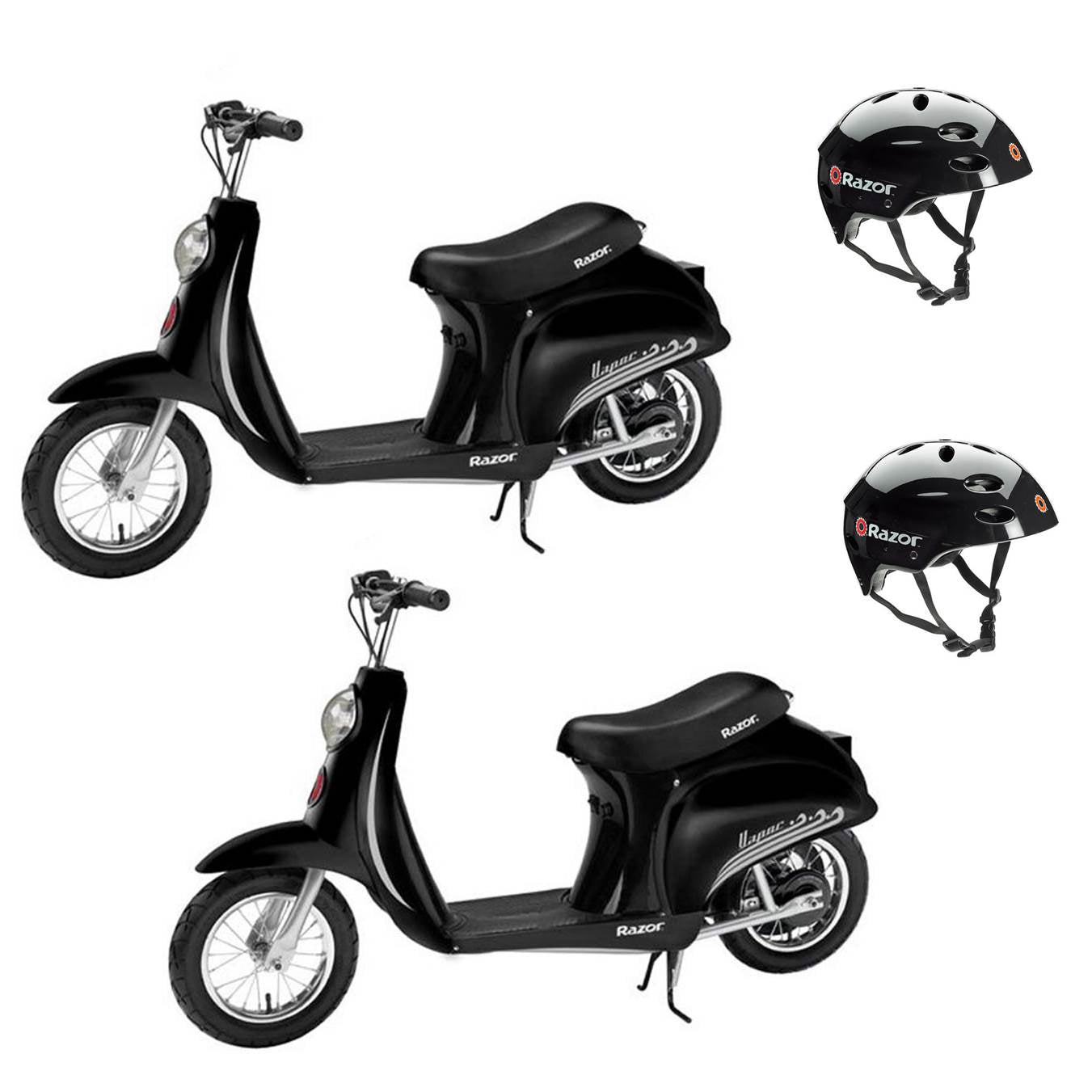 Razor Pocket Mod Miniature Euro Electric Retro Scooter, Black (2 Pack) + Helmets