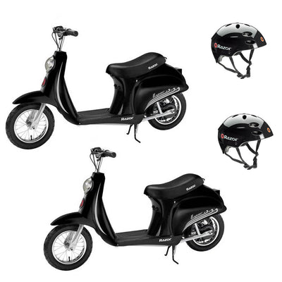 Razor Pocket Mod Miniature Euro Electric Retro Scooter, Black (2 Pack) + Helmets