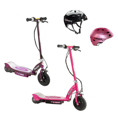 Razor E100 Rechargeable Kids Toy Electric Scooters, 1 Pink & 1 Purple + Helmets
