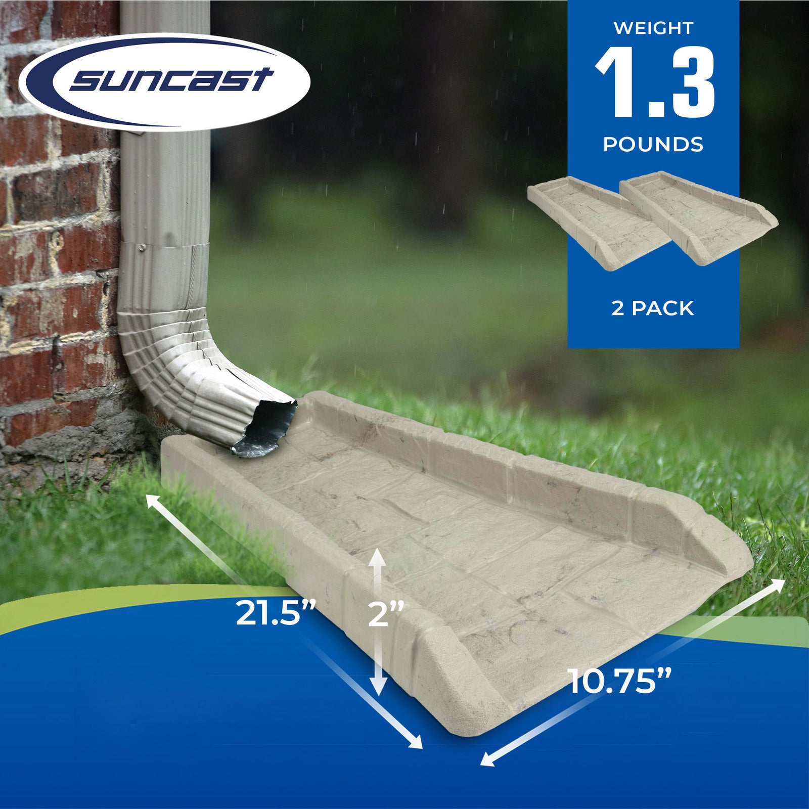 Suncast SB24 Decorative Rain Gutter Downspout Splash Block, Tan  (2 Pack) - VMInnovations