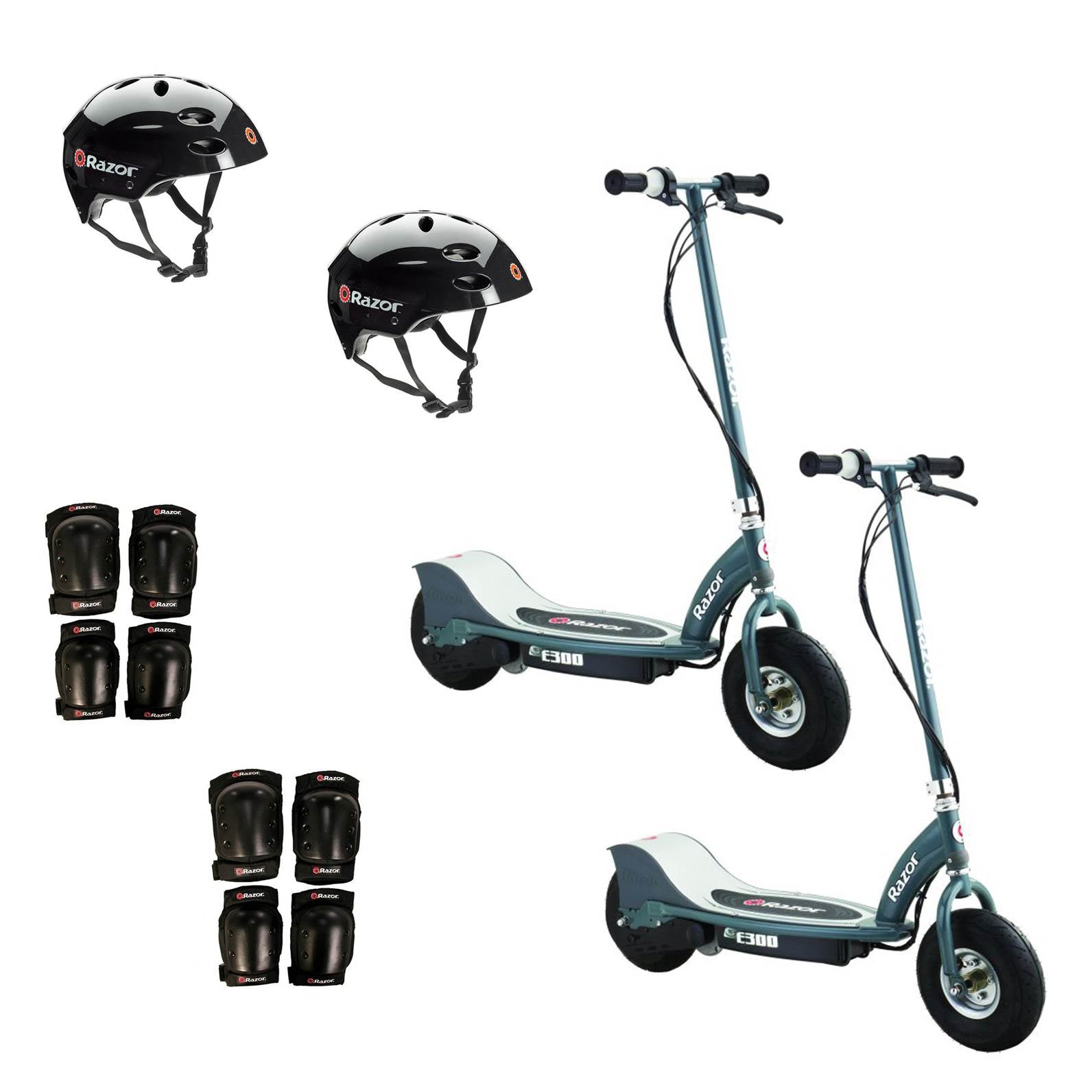 Razor E300 Electric 24 Volt Kids Scooters (2 Pack) + Safety Pads + Helmets