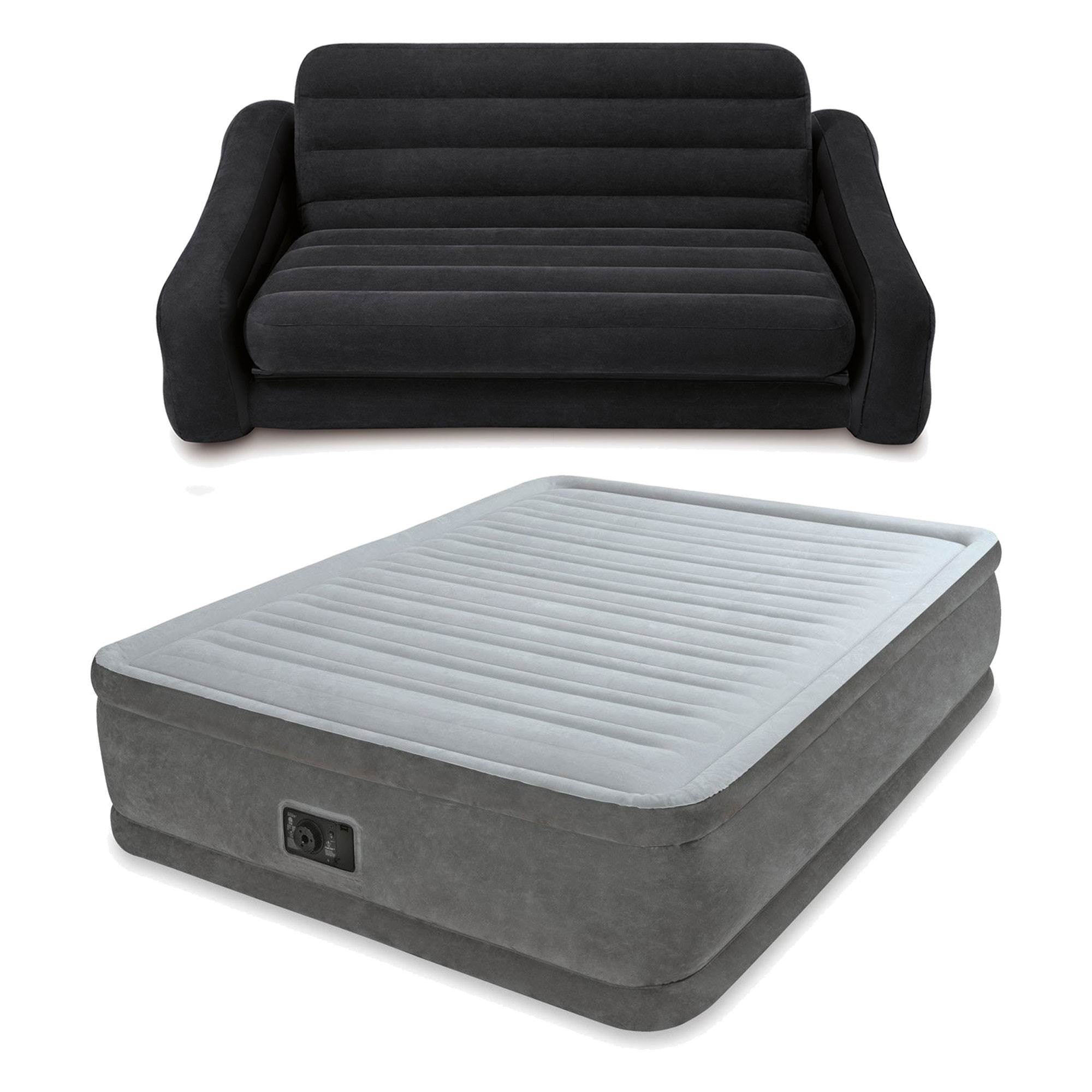 Intex Queen Air Bed Mattress w/ Built-In Pump + Inflatable Queen Pull-Out Futon