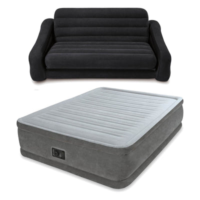 Intex Queen Air Bed Mattress w/ Built-In Pump + Inflatable Queen Pull-Out Futon