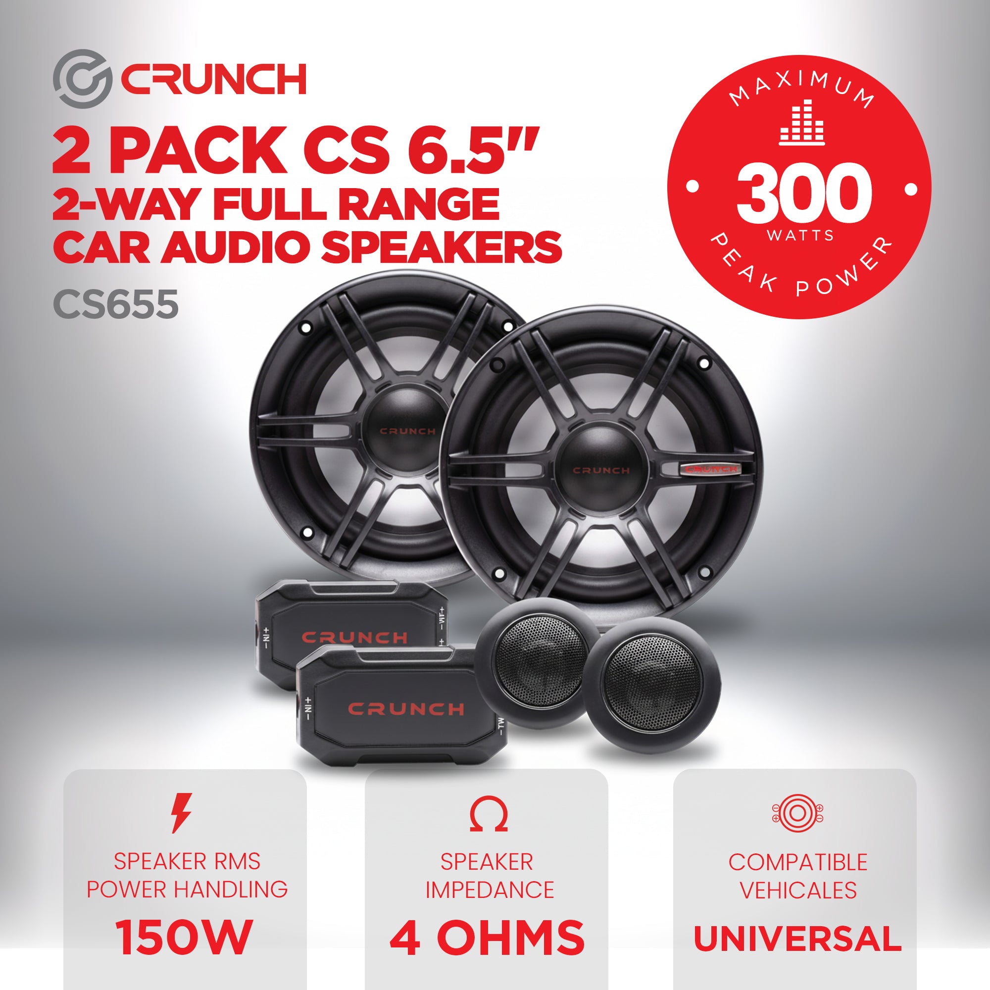 Crunch CS655 6.5" 2-Way Full Range Car Audio Speakers, 300W Peak Power, 2 Pack