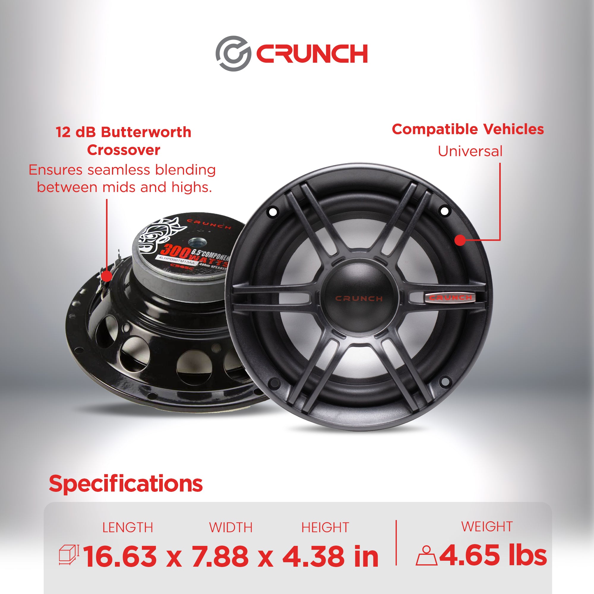 Crunch CS655 6.5" 2-Way Full Range Car Audio Speakers, 300W Peak Power, 2 Pack