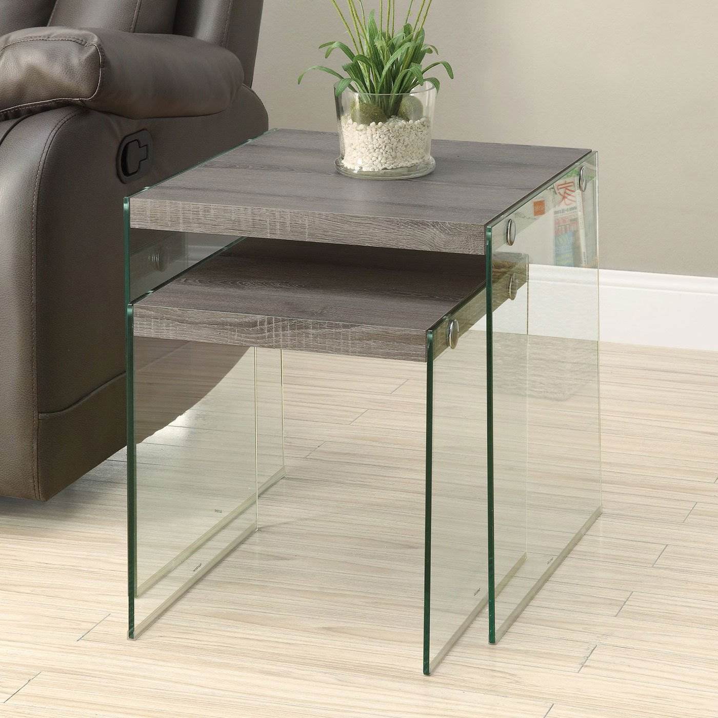 Monarch Specialties Tempered Glass Accent Nesting End Tables, Taupe (4 Pack)