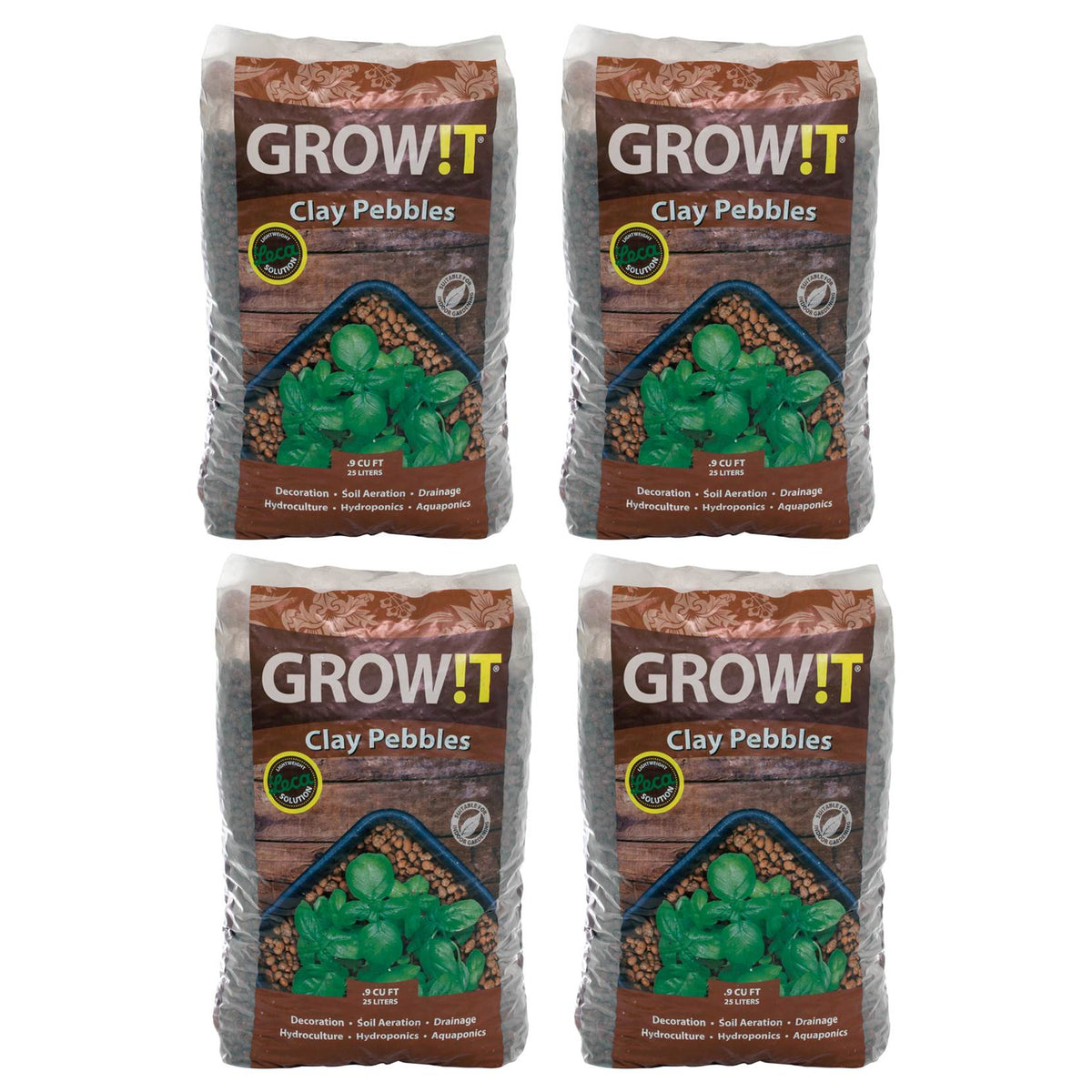 GMC25L GROW!T Hydroponic Natural Clay Pebbles, 25 Liter Bag (4 Pack)