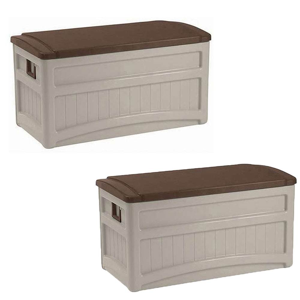 Suncast 73 Gallon Outdoor Patio Resin Deck Storage Box w/ Wheels, Taupe (2 Pack) - VMInnovations