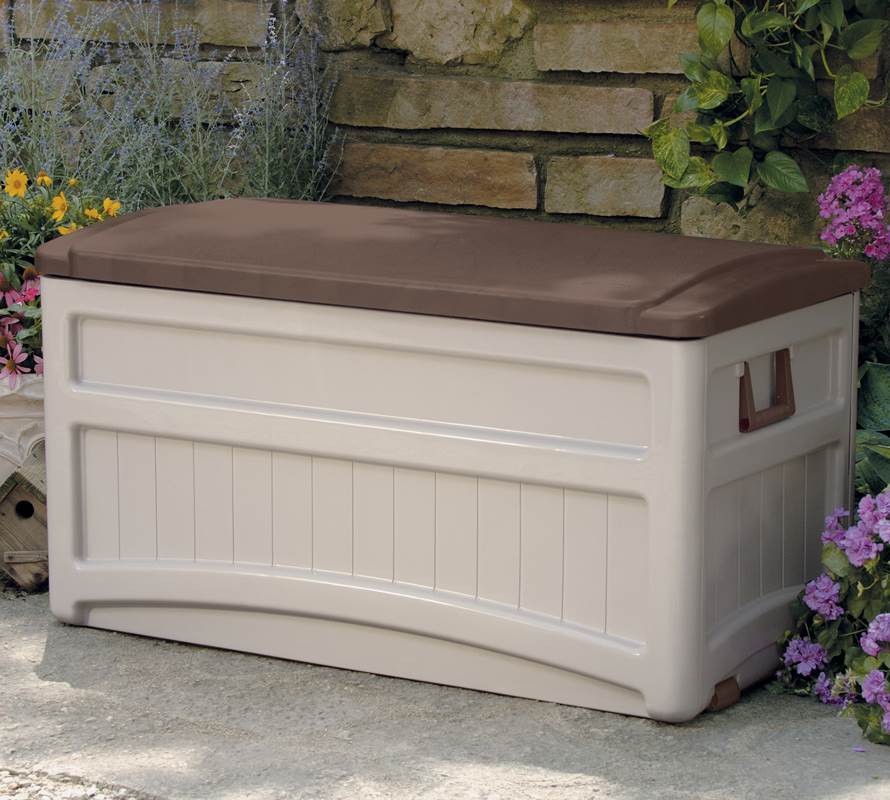 Suncast 73 Gallon Outdoor Patio Resin Deck Storage Box w/ Wheels, Taupe (2 Pack) - VMInnovations