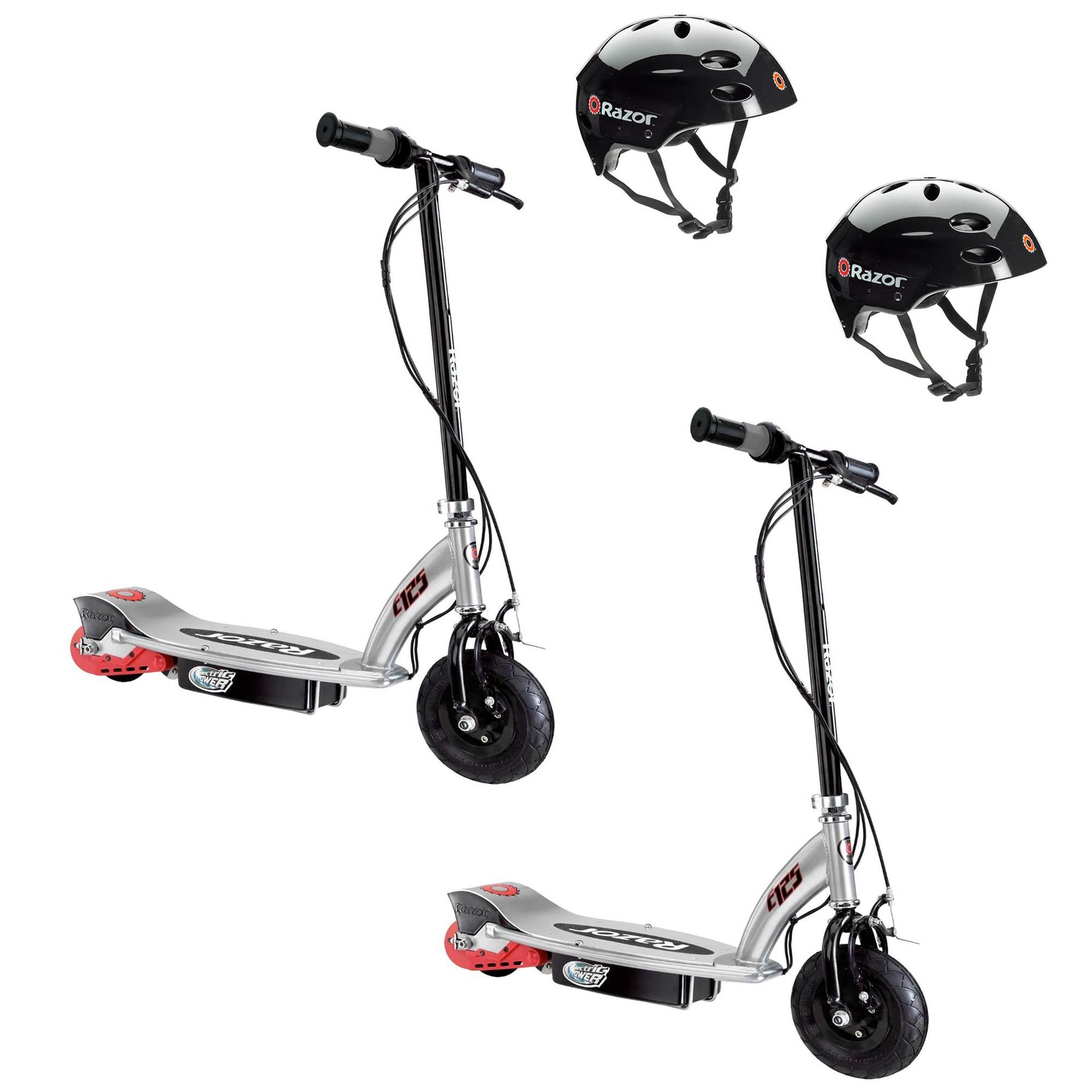 Razor E125 Rechargeable Kids Electric Motor Scooters, Black (2 Pack) + Helmets