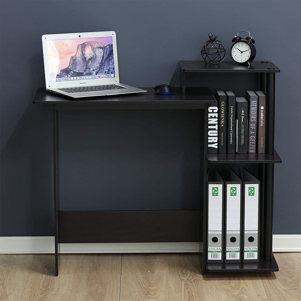 Furinno Efficient Home Office Laptop Desk w/ Side Shelves, Drk Wlnt (Open Box) - VMInnovations
