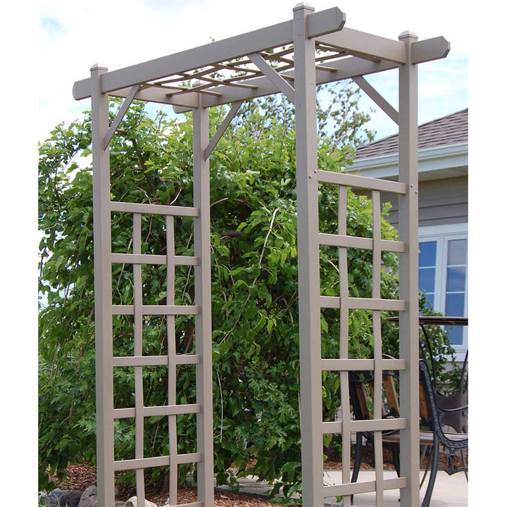 Dura-Trel Elmwood Arbor 57" x 84" PVC Outdoor Garden Arch Lattice Trellis, Mocha - VMInnovations