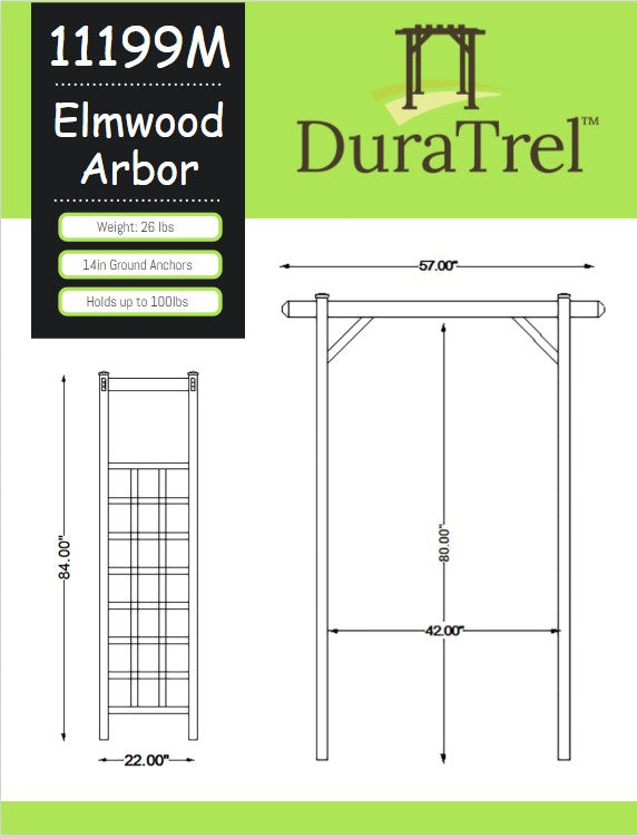 Dura-Trel Elmwood Arbor 57" x 84" PVC Outdoor Garden Arch Lattice Trellis, Mocha