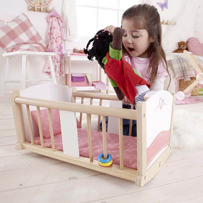 Hape Kids Wooden Pretend Play Baby Doll Stroller & Rock-A-Bye Cradle Crib Toys