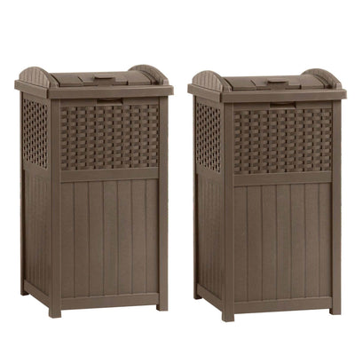 Suncast Trashcan Hideaway Outdoor 33 Gallon Garbage Waste Bin, Brown (2 Pack)