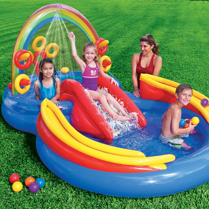 Intex 9.75ft x 6.33ft x 53in Inflatable Rainbow Play Pool and Ocean Play Pool