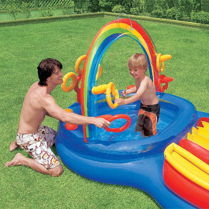 Intex 9.75ft x 6.33ft x 53in Inflatable Rainbow Play Pool and Ocean Play Pool