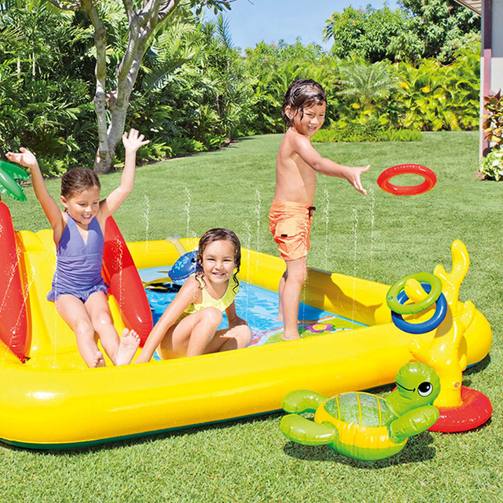 Intex 9.75ft x 6.33ft x 53in Inflatable Rainbow Play Pool and Ocean Play Pool